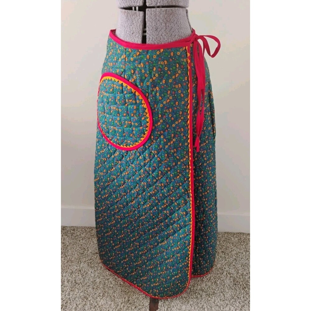 VTG 70s Retro Floral Quilted Maxi Wrap Skirt Flower Power Boho Hippie Lg Pocket